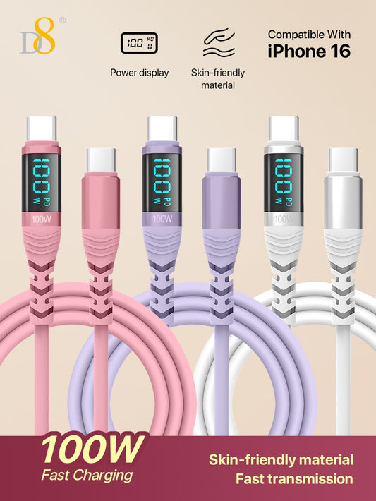 D8 USB-C to USB-C 고속충전 케이블 100W / 5A PD지원 | LED 실시간 전력 디스플레이 | 아이폰·갤럭시·아이패드 호환
