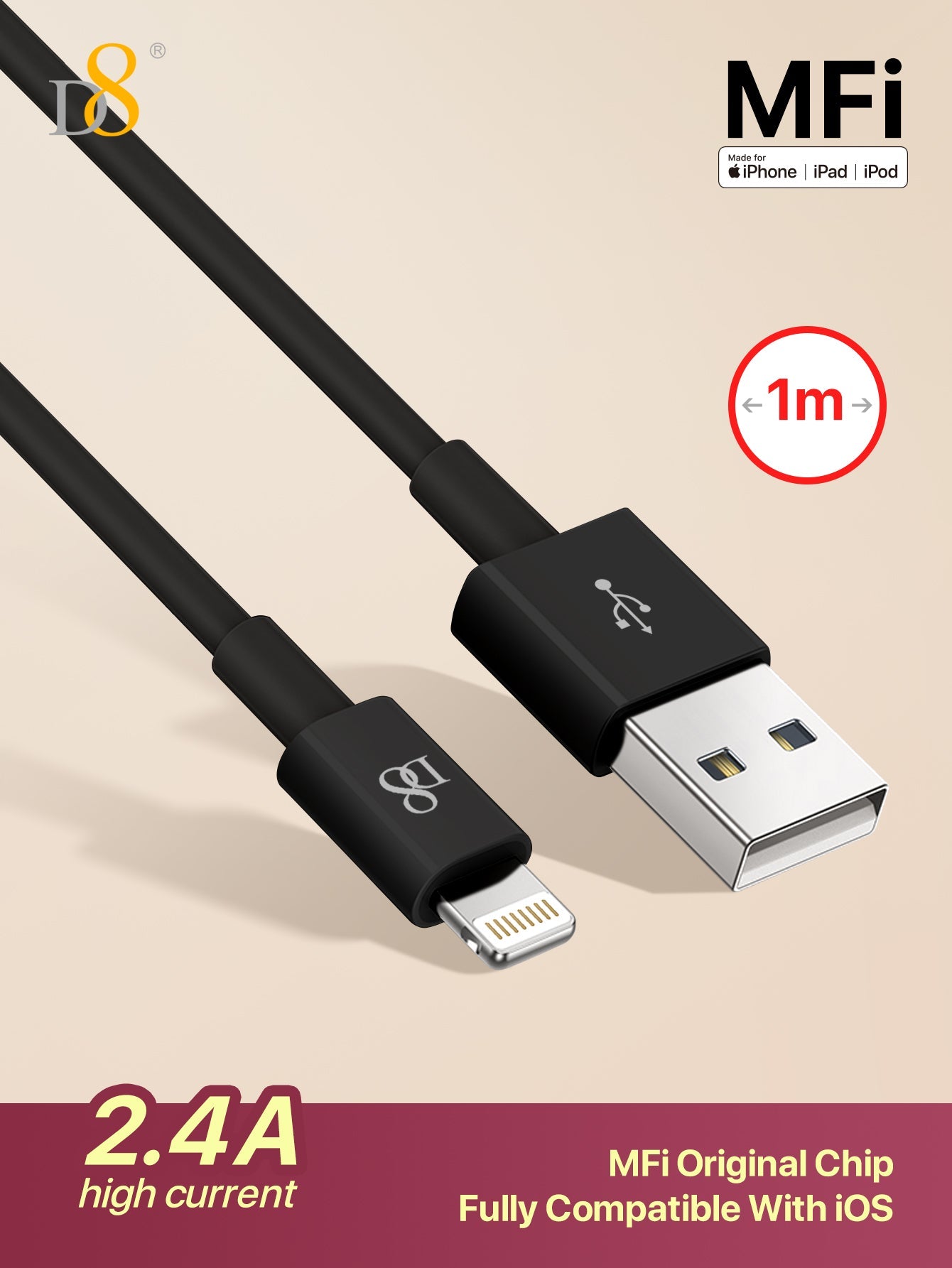 D8 MFi 인증 아이폰 충전 케이블 3.3FT 길이 | USB-A to Lightning | 2.4A 고속충전 | TPE 내구성 | 데이터 전송