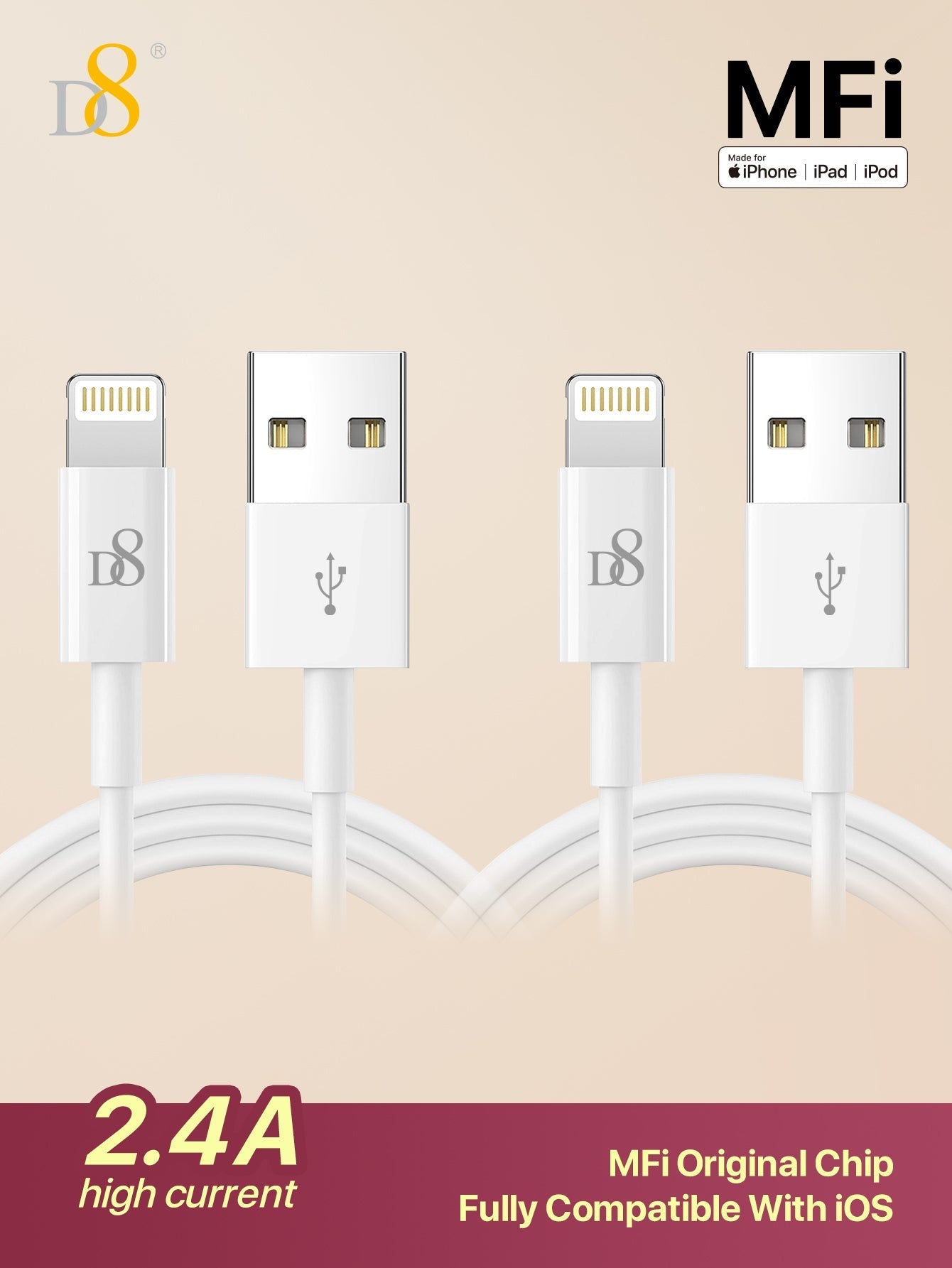 D8 USB A to 라이트닝 케이블 2개입 2.4A 고속충전 | MFi 인증 | QC 퀵차지 지원 | iPhone & iPad 전용